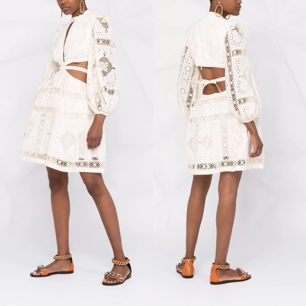 Zimmermann Dress Aliane Cutout Broderie Anglaise Lace Cotton Mini Ivory 2 NWT - Picture 12 of 13